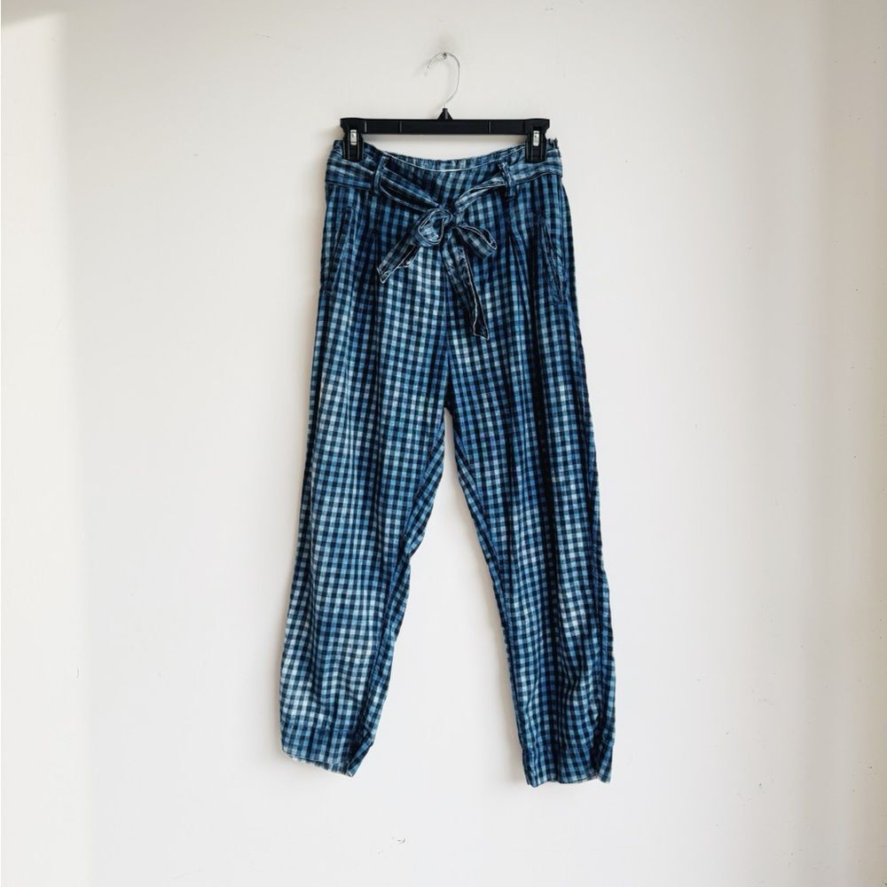 Anthro Maeve Avryl Bleached Gingham Pants Tie Waist Crop 0 - Picture 3 of 7